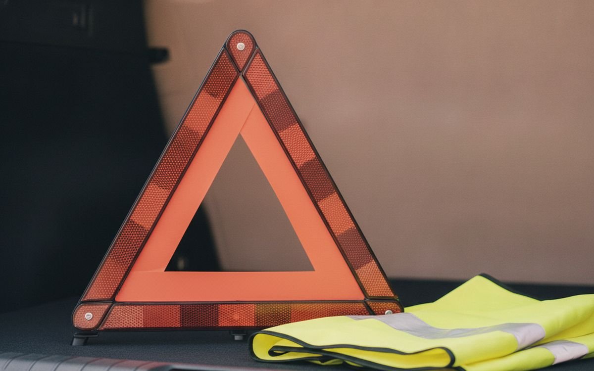 A reflective warning triangle and hi-vis vest