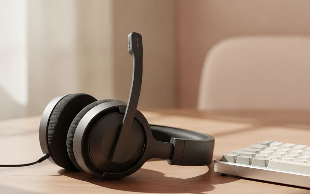 A closed-back headset or headphones with a mic