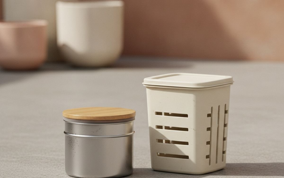 A compost caddy and a small bin or wormery