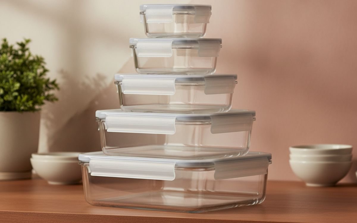 Glass storage containers with locking lids