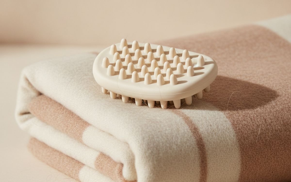 A rubber grooming brush or de-shedding tool