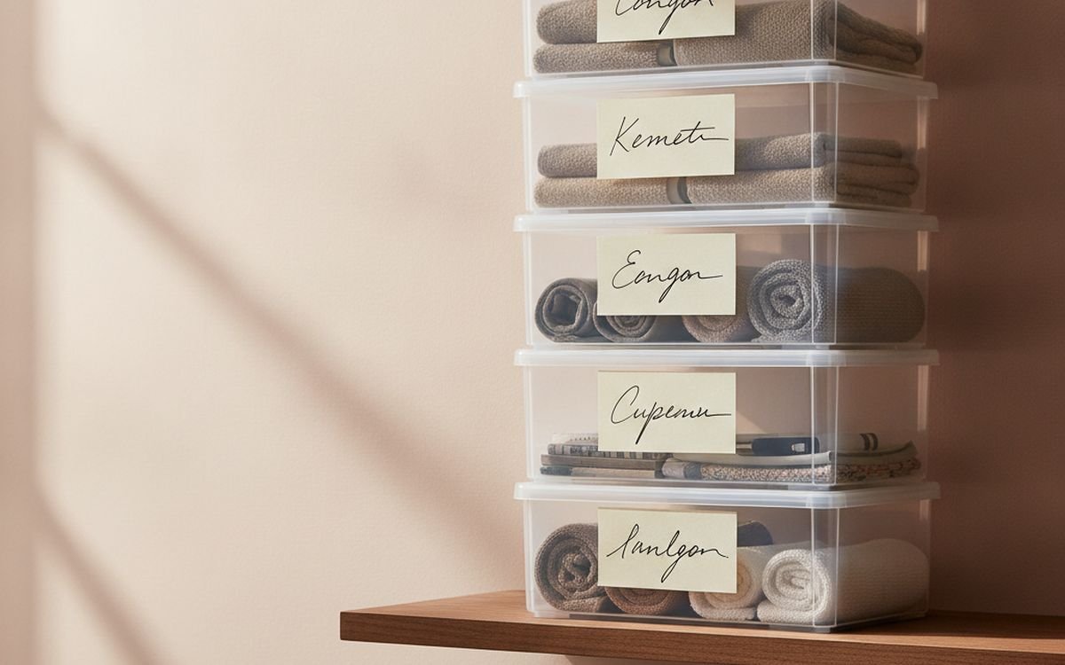 Clear, stackable, labelled boxes