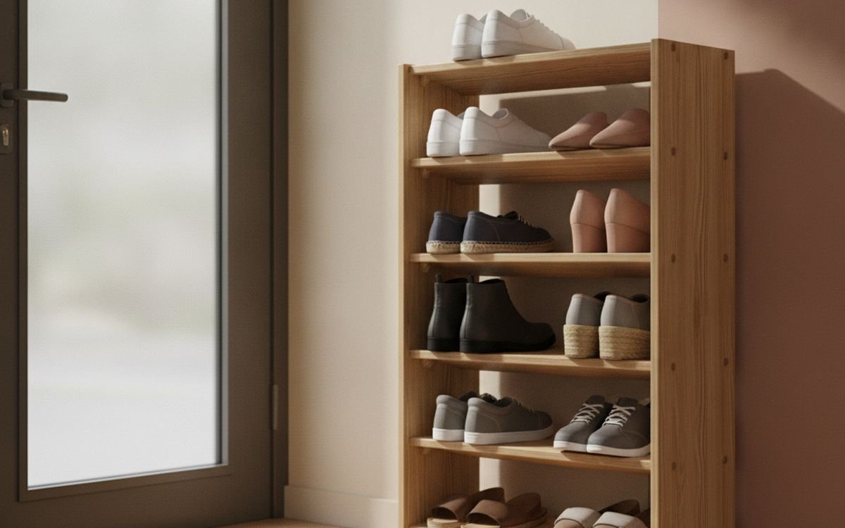 A shoe rack by the door